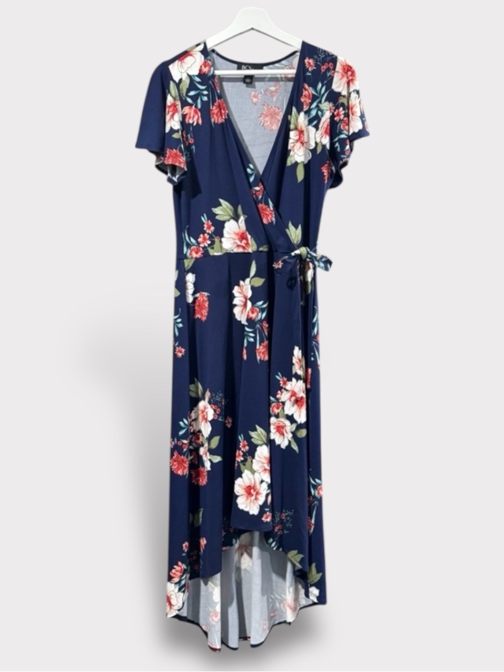 Floral Faux Wrap Dress in Navy Cream Red High Low Flutter Sleeve XL Soft Stretch
